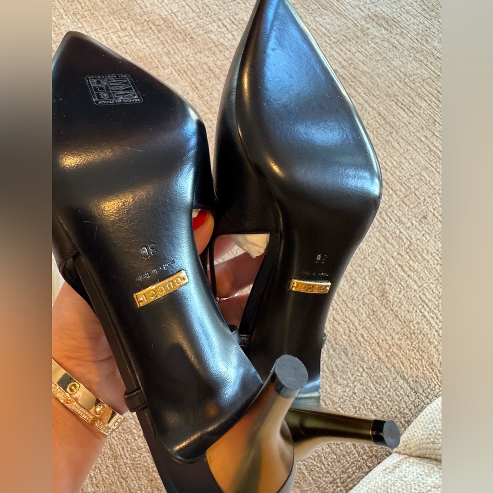 NEW GUCCI Priscilla 85 Black Leather Slingback Pump w Matte Gold Heel size 36 - Picture 3 of 11